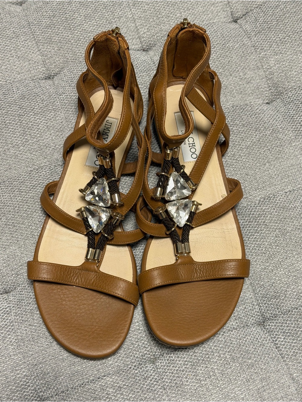 Jimmy Choo Nano Flat Tan Leather Jeweled Strappy Sandals 38.5